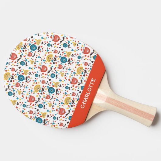 Mid Century Modern Kleurrijke Bloemen Custom Name Tafeltennisbatje (Zijkant)