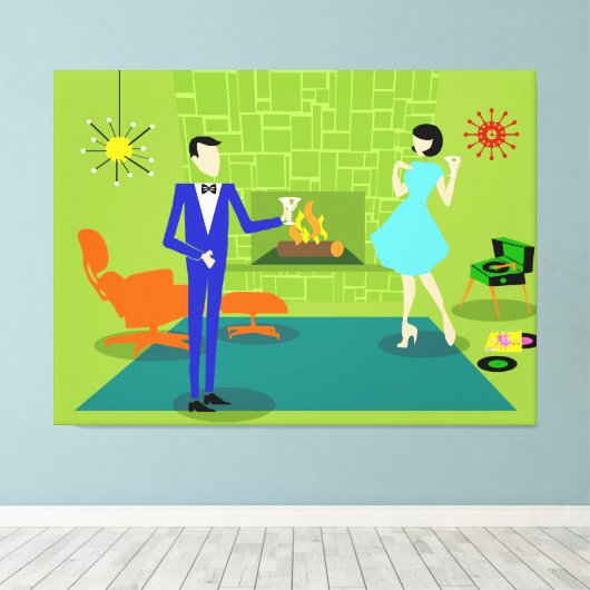 Mid Century Modern Koppel Uitgerekt Canvas Print (Insitu (Houten vloer))