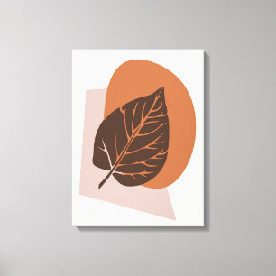 Mid-Century Modern Leaf Silhouette Brown en Beige Canvas Afdruk