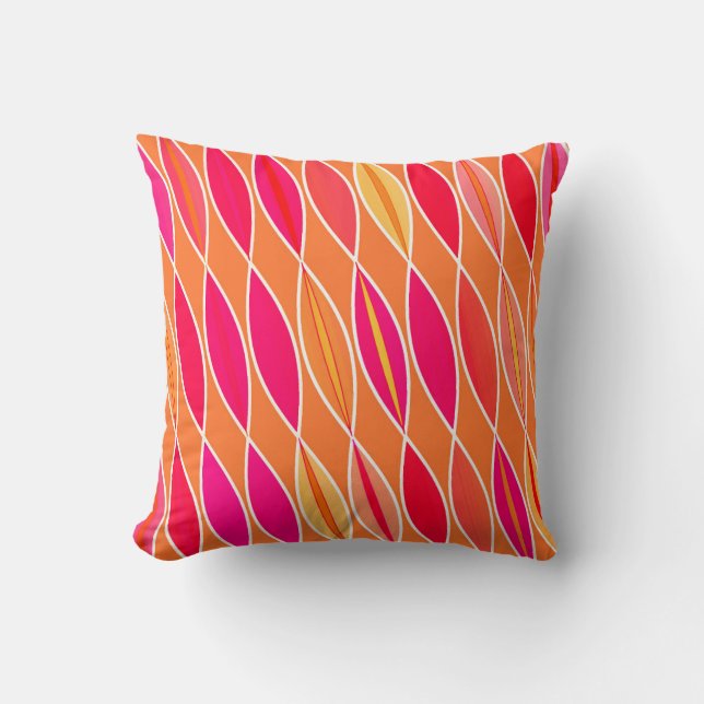 Mid Century Modern Leaves, Fuchsia Pink en Oranje Kussen (Voorkant)