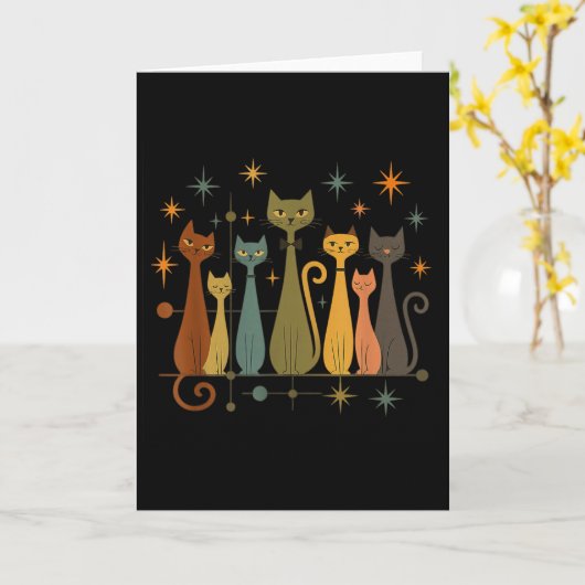 Mid-century Modern Look Atomic Age 50s 60s Cat Shi Kaart (Gele Bloem)