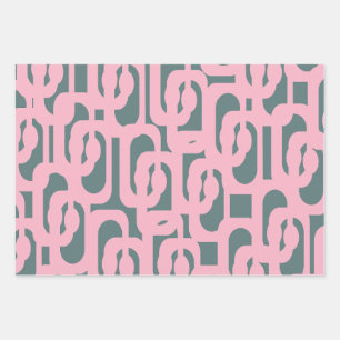 Mid Century Modern Loop Patroon Roze en Groen Inpakpapier Vel