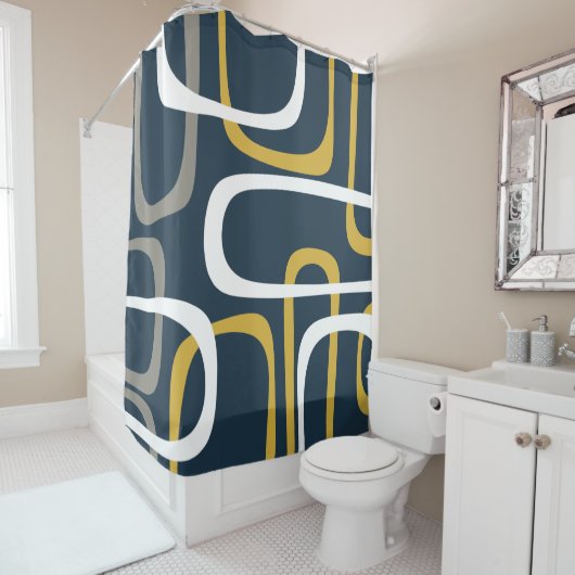 Mid-Century Modern Loops Pattern Blue Mustard Douchegordijn (In situ)