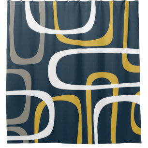 Mid-Century Modern Loops Pattern Blue Mustard Douchegordijn