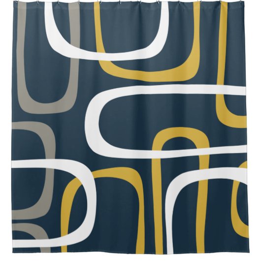 Mid-Century Modern Loops Pattern Blue Mustard Douchegordijn (Voorkant)