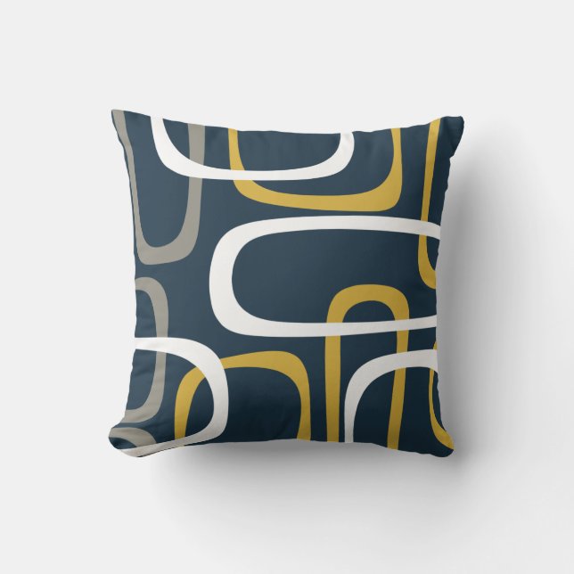 Mid-Century Modern Loops Pattern Mustard Navy Blue Kussen (Voorkant)