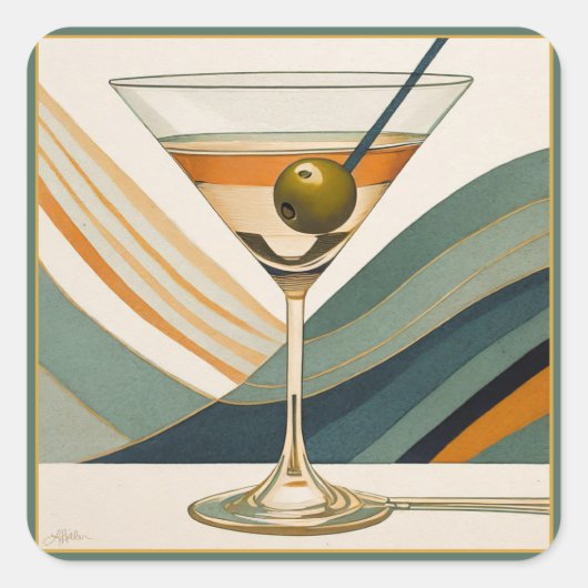 Mid Century Modern Martini Cocktail Hour Vierkante Sticker (Voorkant)
