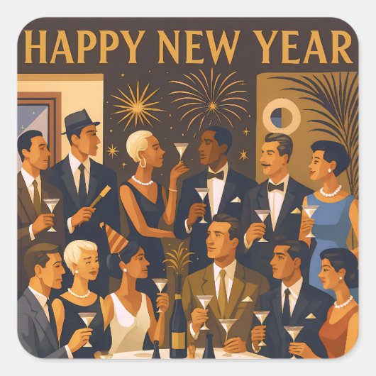 Mid Century Modern Martini Intellectuals New Year Vierkante Sticker (Voorkant)