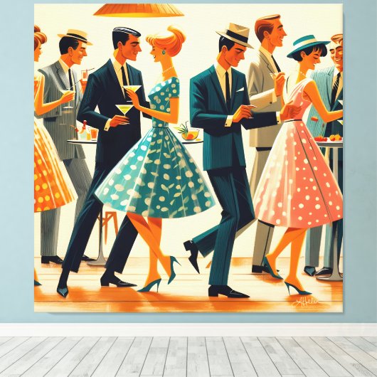 Mid Century Modern Martinis Dancing Cocktail Party Canvas Afdruk (Insitu (Houten vloer))