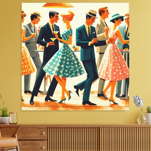 Mid Century Modern Martinis Dancing Cocktail Party Canvas Afdruk (Insitu (Woonkamer))