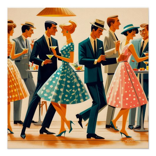 Mid Century Modern Martinis Dancing Cocktail Party Perfect Poster (Voorkant)