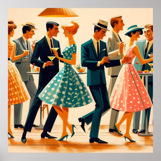 Mid Century Modern Martinis Dancing Cocktail Party Poster (Voorkant)