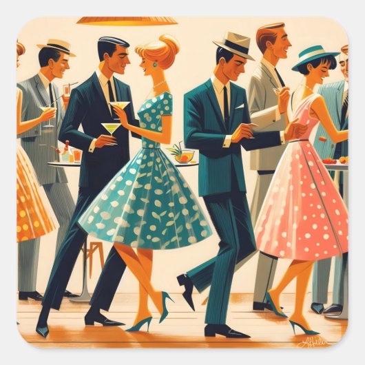 Mid Century Modern Martinis Dancing Cocktail Party Vierkante Sticker (Voorkant)