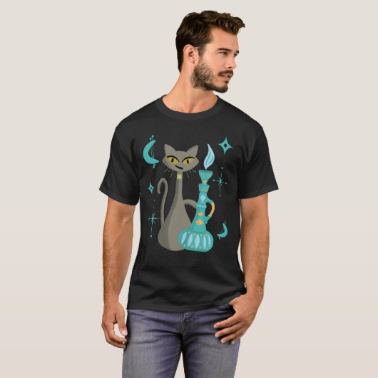 Mid-Century Modern Mischievous Cat with Genie Lamp T-shirt (Voorkant volledig)