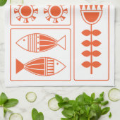 Mid Century Modern Orange Bird, Fish and Flowers K Theedoek (Gevouwen)