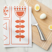 Mid Century Modern Orange Bird, Fish and Flowers K Theedoek (Quarter Fold)