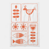 Mid Century Modern Orange Bird, Fish and Flowers K Theedoek (Verticaal)