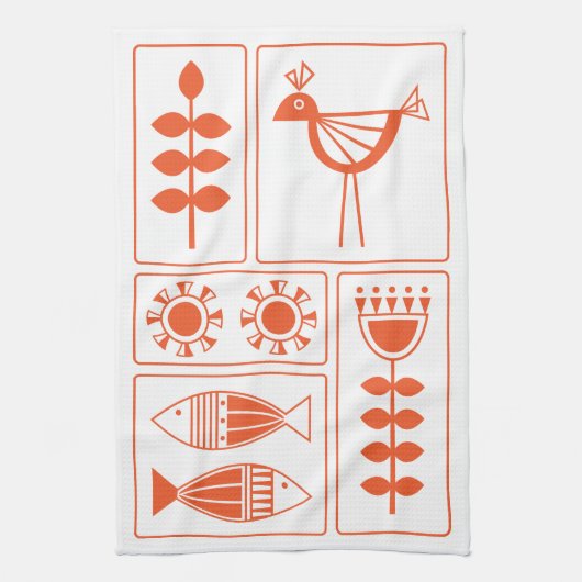 Mid Century Modern Orange Bird, Fish and Flowers K Theedoek (Verticaal)