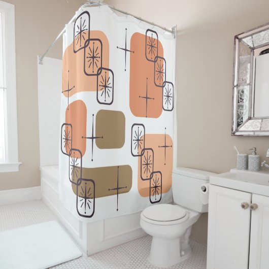 Mid Century Modern Orange Brown Douchegordijn (In situ)