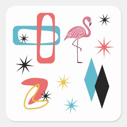 Mid Century Modern Oval Starburst Flamingo Pattern Vierkante Sticker (Voorkant)