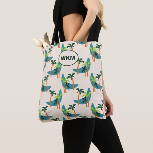 Mid Century Modern Palm Oasis Monogrammen Tote Bag (Dichtbij)