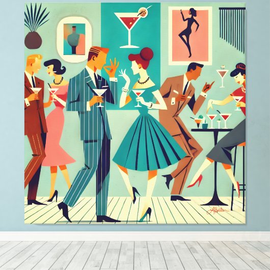 Mid Century Modern Party De Martini Dans Canvas Afdruk (Insitu (Houten vloer))