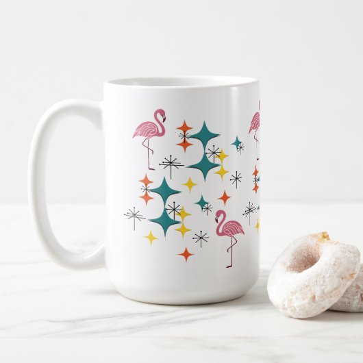 Mid Century Modern Pink Flamingo Diamond Starburst Koffiemok (Met donut)