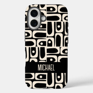 Mid Century Modern Piquet Gepersonaliseerd Zwart iPhone 16 Hoesje