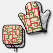 Mid Century Modern Piquet Retro kerstpatroon Ovenwant & Pannenlap Set (Voorkant / Achterkant)