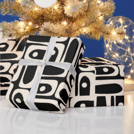 Mid Century Modern Piquet Zwart en Crème Abstract Cadeaupapier