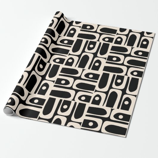 Mid Century Modern Piquet Zwart en Crème Abstract Cadeaupapier (Uitgerold)