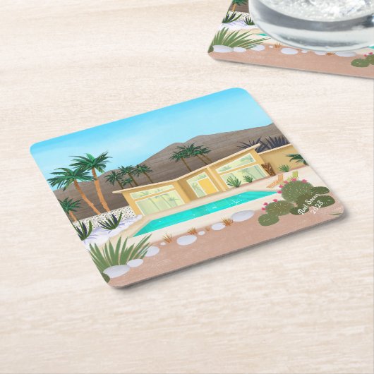 Mid Century Modern Pool House Kartonnen Onderzetters (Schuin)