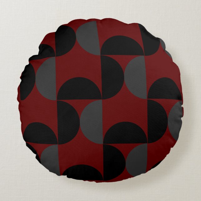 Mid-Century Modern Red Black en Grey Rond Kussen (Voorkant)