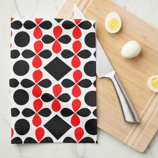 Mid Century Modern Red Black Geometric Pattern Theedoek (Quarter Fold)