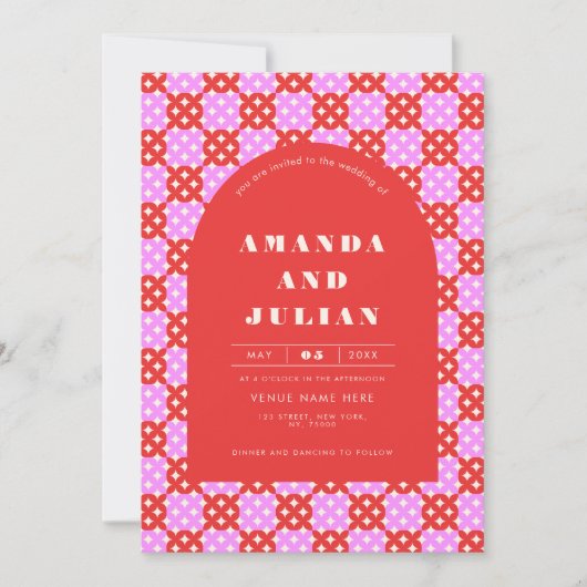 Mid Century Modern Red Roze allemaal in één bruilo Kaart (Voorkant)