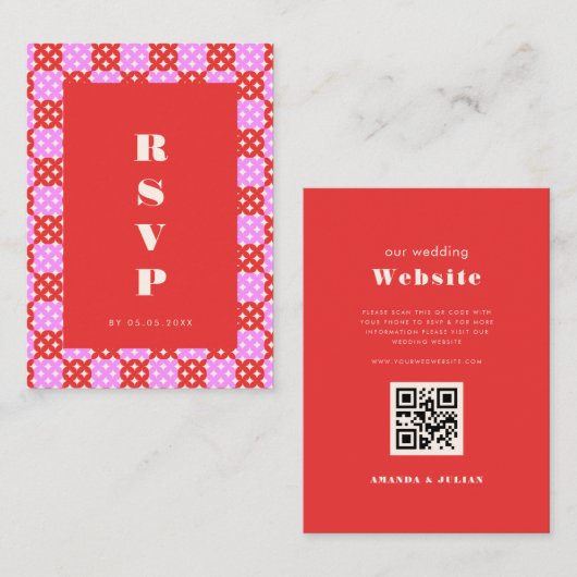 Mid Century Modern Red Roze QR Code RSVP Card Informatiekaartje (Voorkant / Achterkant)