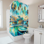 Mid-Century Modern Retreat: Elegantie aan het zwem Douchegordijn (In situ)