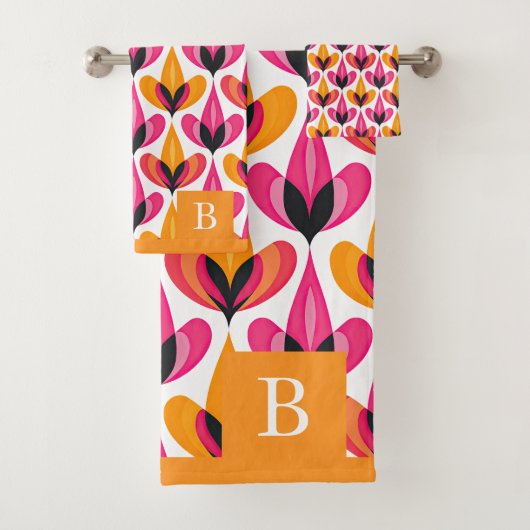 Mid Century Modern RETRO Bloempatroon Monogram Bad Handdoek (Insitu)