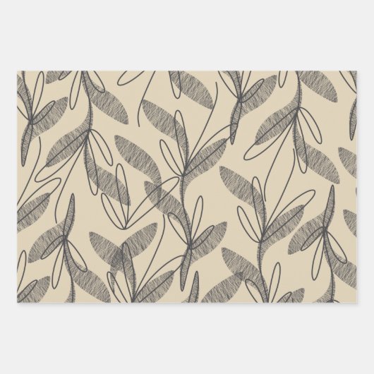 Mid Century Modern Retro Botanical Grey Beige Inpakpapier Vel (Voorkant)