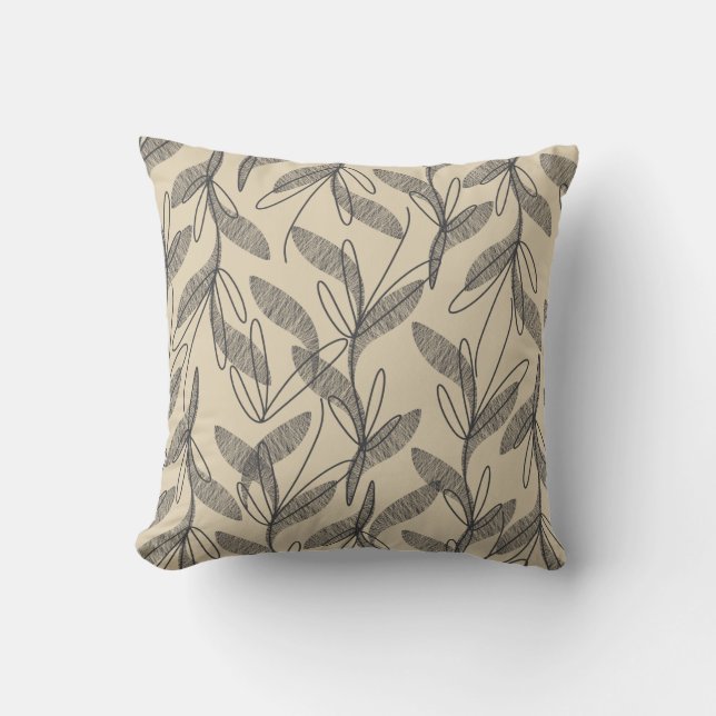 Mid Century Modern Retro Botanical Grey Beige Kussen (Voorkant)
