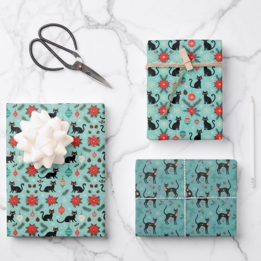 Mid Century Modern Retro Christmas Cat Gift Wrap Inpakpapier Vel (Voorkant)
