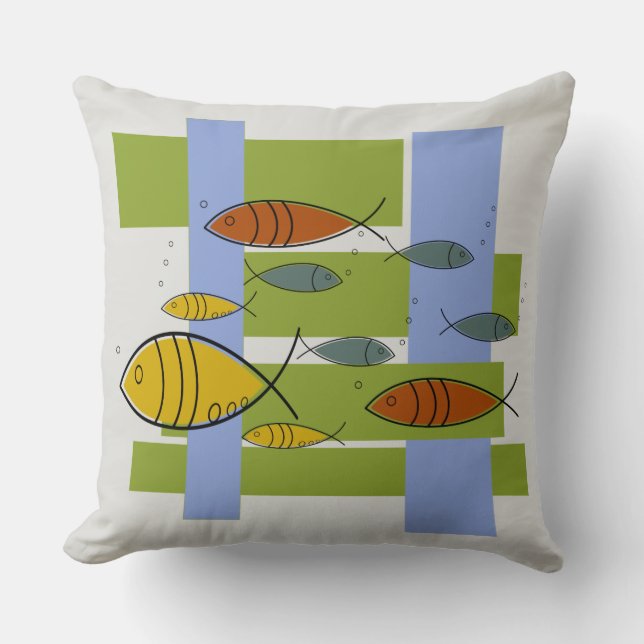 Mid Century Modern Retro Fish die zwemmen op grijs Kussen (Voorkant)