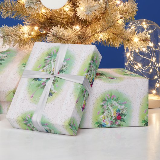Mid Century Modern Retro Kerstmis Bells Holly Cadeaupapier (Feestdagen)
