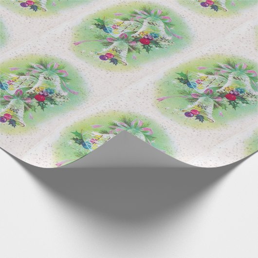 Mid Century Modern Retro Kerstmis Bells Holly Cadeaupapier (Hoek)