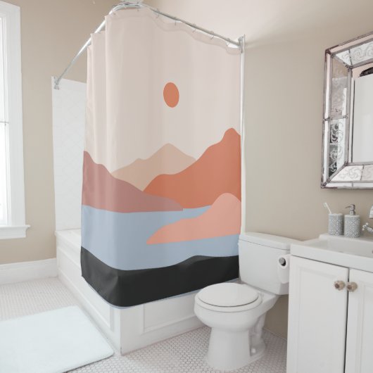 Mid Century Modern Retro Landscape Oranje Douchegordijn (In situ)