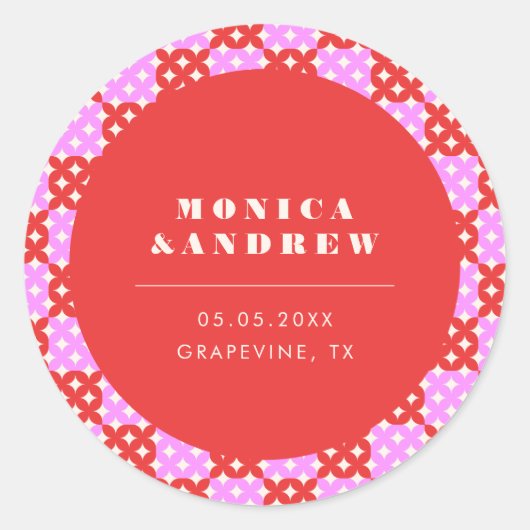 Mid Century Modern Retro Red & Roze geometrisch Ronde Sticker (Voorkant)