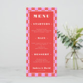Mid Century Modern Retro Rood en Roze Band Weddens Menu (Staand voorkant)
