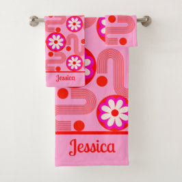 Mid Century Modern Roze Bloemen Patroon met Naam Bad Handdoek