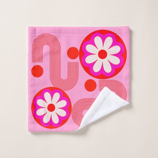 Mid Century Modern Roze Bloemen Patroon met Naam Bad Handdoek (Wasdoekje)