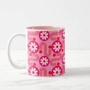 Mid Century Modern Roze Bloemen Patroon Retro y2k Tweekleurige Koffiemok